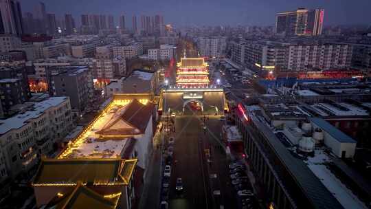 航拍沈阳城楼灯光秀夜景