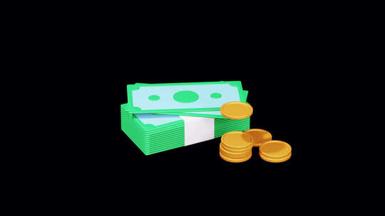 金币，美元钞票动画。3d渲染。银行服务，