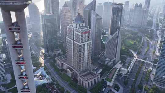 上海航拍陆家嘴城市地标日出