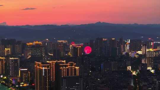 航拍湖北宜昌城市摩天轮夜景