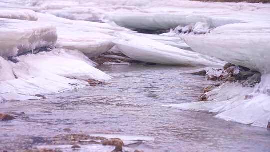 初春 冰雪融化 解冻 冰层 流水 融冰 河流