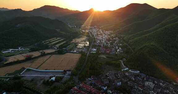 浙江安吉余村绿水青山金山银山夕阳航拍