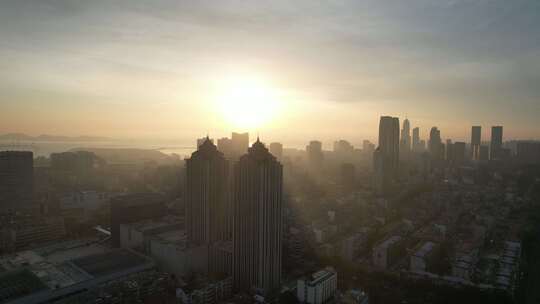 山东烟台城市清晨航拍