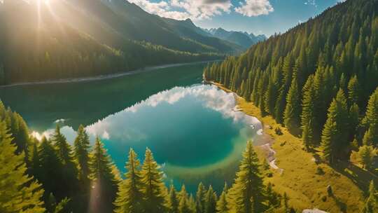 山林间湖泊阳光美景