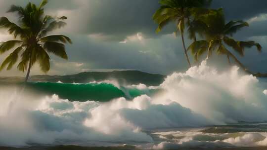 海洋海边海滩椰树海浪ai素材波浪唯美风景