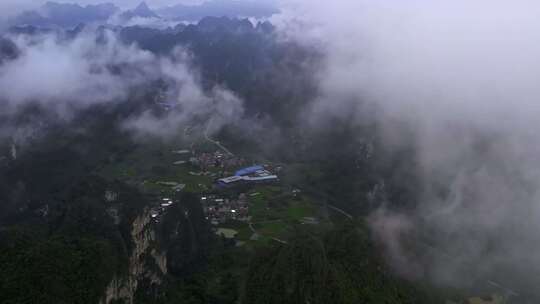 航拍雨后云雾山村山脉山川