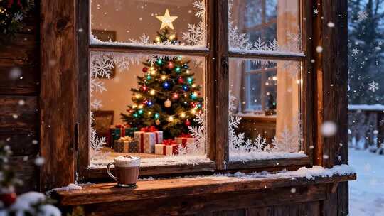 木屋窗边的圣诞节日景象
