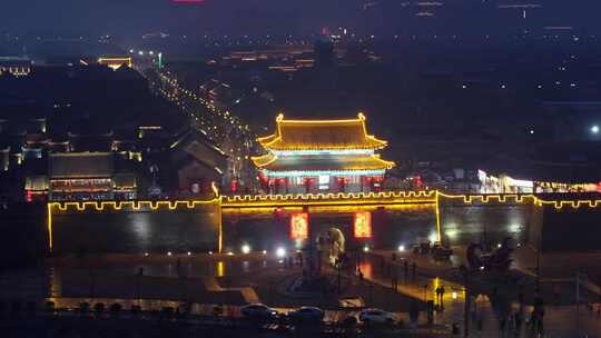 河南商丘古城雪景夜景航拍