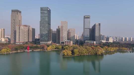 合肥航拍城市天鹅湖冬天景色大景