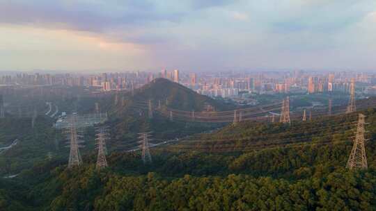 深圳塘朗山电塔日落航拍  国家电网