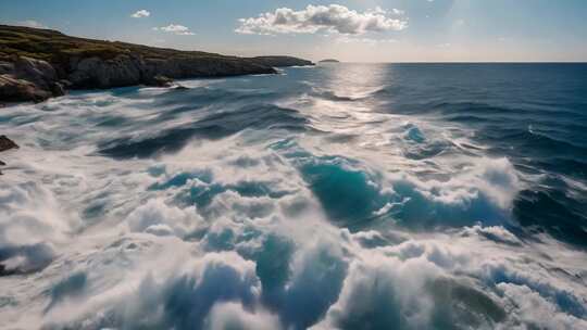 海边浪花翻涌的自然景观