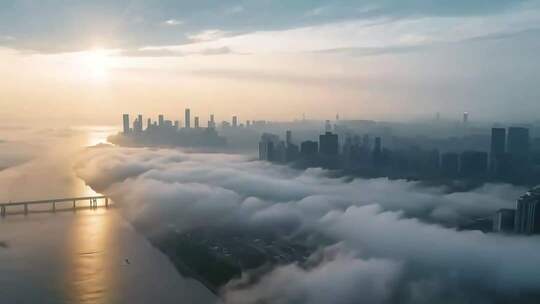 城市云海日出高空俯瞰
