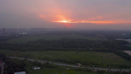 航拍西安汉长安城未央宫遗址公园夕阳全景