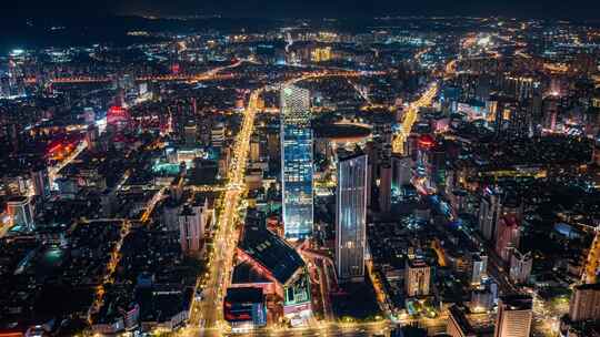 云南昆明东风广场恒隆广场航拍城市夜景