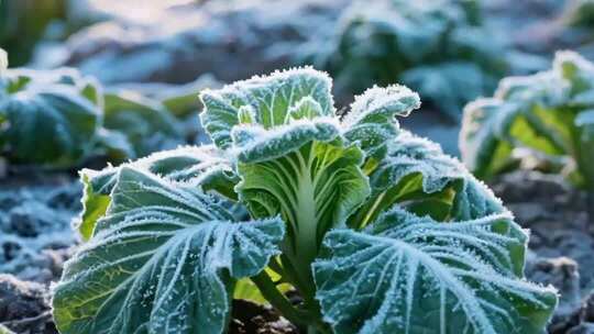 霜降霜雪覆盖的绿叶菜
