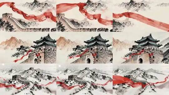 中国风水墨画长城红绸红丝带飘扬高清在线视频素材下载