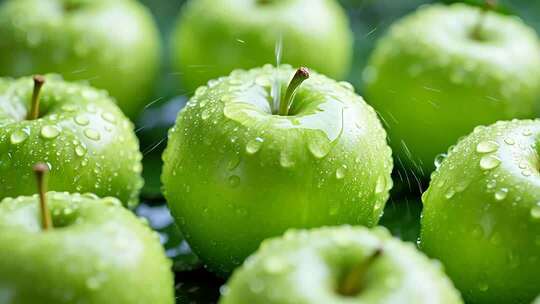 带水珠的青苹果特写