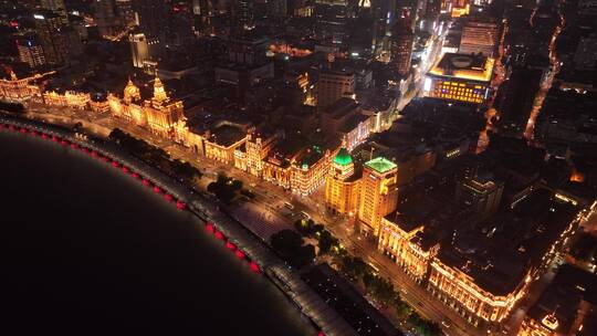 航拍中国上海陆家嘴CBD外滩夜景