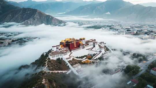 拉萨布达拉宫云雾环绕全景