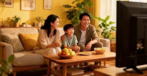 家庭客厅看电视温馨场景