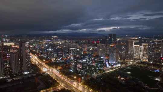 航拍杭州余杭区未来科技城夜景