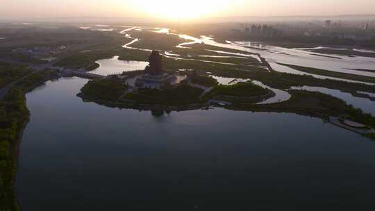 宁夏吴忠黄河楼景区航拍视频素材模板下载