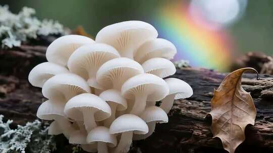 生长在木头上的白色蘑菇特写