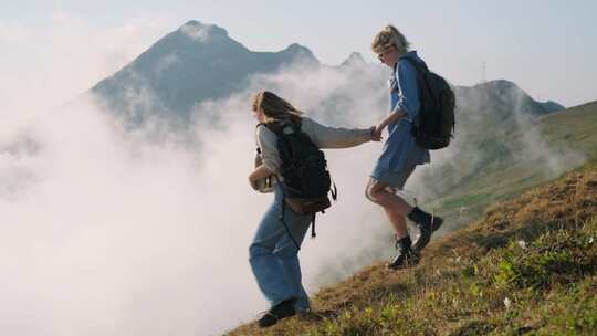 山坡，徒步旅行，背包，步行