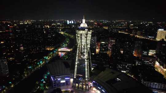 浙江杭州西湖文化广场夜景灯光航拍