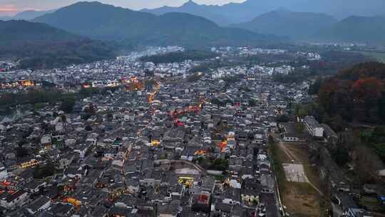 安徽黄山宏村徽派建筑群秋色日落夜景航拍