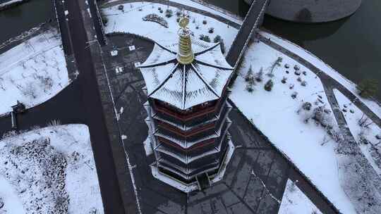 航拍洛阳朱樱塔雪景