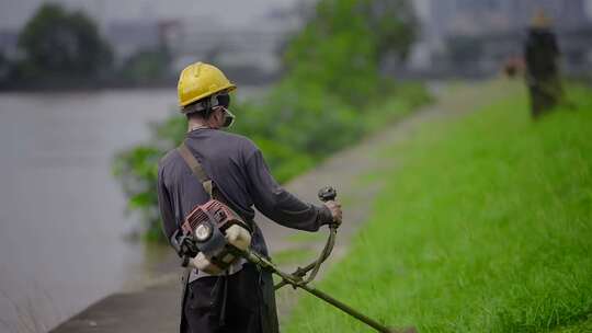 太阳下辛苦工作割草环卫工人