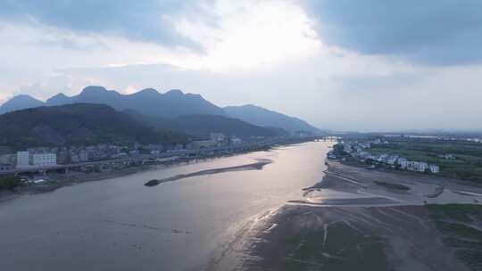 航拍闽江河口湿地小岛果园茉莉花田沙洲河汊