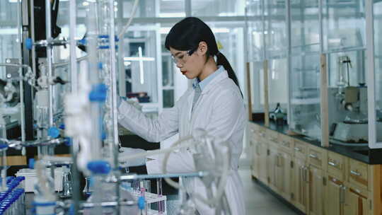 亚洲女化学家向试管中添加试剂并检查反应