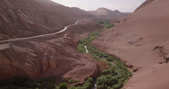 沙漠中的公路与沙漠绿洲风景