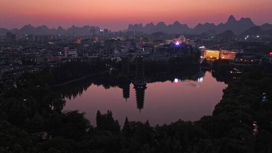 航拍广西桂林市日月双塔文化公园
