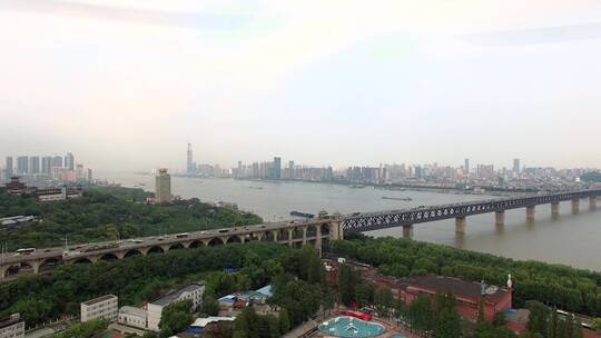 武汉城市长江大桥两岸旧建筑面貌航拍