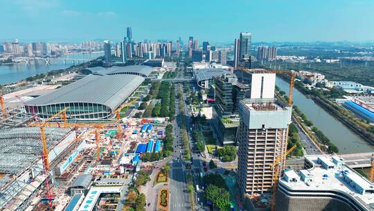 广州琶洲会展馆建筑群新港东路航拍2022视频素材模板下载
