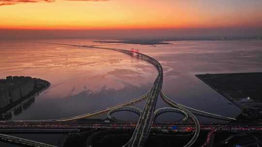 青岛胶州湾跨海大桥夜景航拍视频素材模板下载