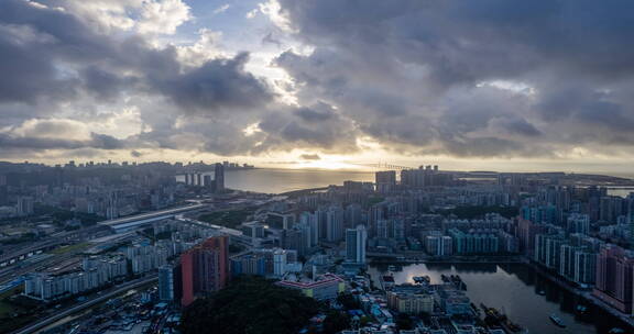 澳门拱北日出珠海水道航拍延时