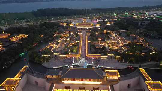 航拍湖北襄阳中国唐城影视基地夜景