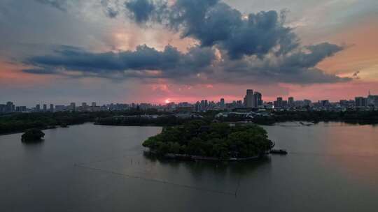 嘉兴南湖晚霞夜景航拍