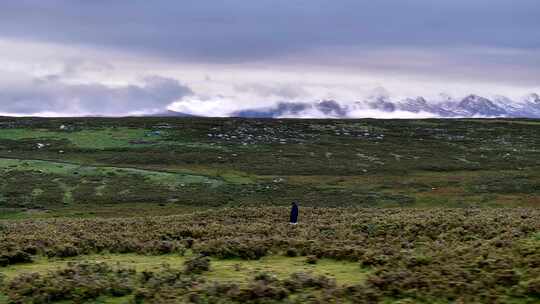 旅行者行走在广阔的草原遥望雪山