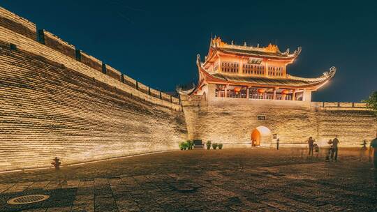 柳州东门城楼古建筑夜景人流延时