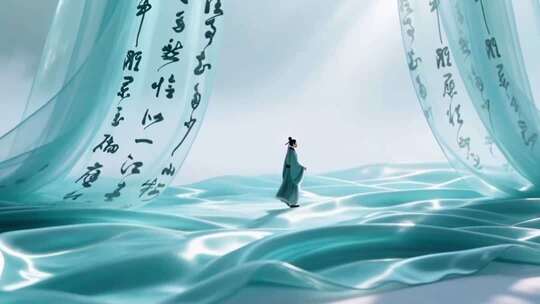 水墨卷轴古风山水意境，诗人古诗朗诵背景