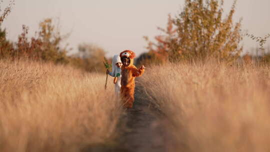 可爱的孩子有有趣的男孩在秋天的自然背景下