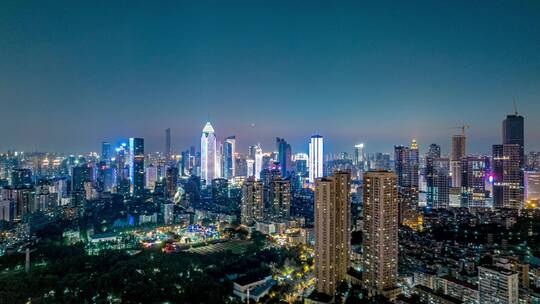 武汉城市建筑高楼大厦夜景霓虹灯延时航拍
