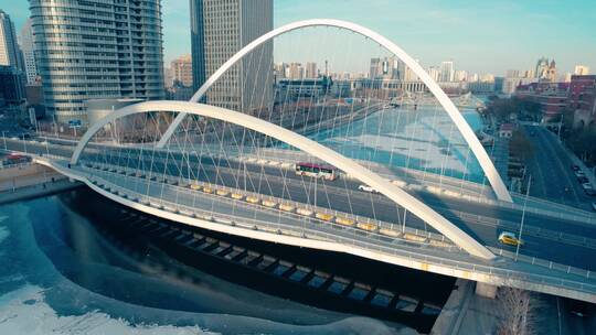 天津冬季城市大沽桥航拍