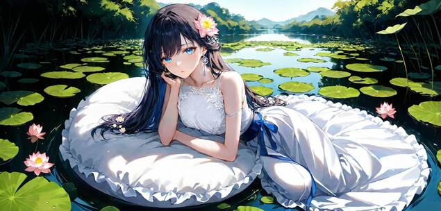 碧绿荷花丛里的连衣裙卡通少女-4k