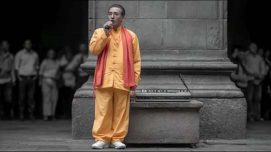 街头艺人充满活力的表演吸引人群驻足